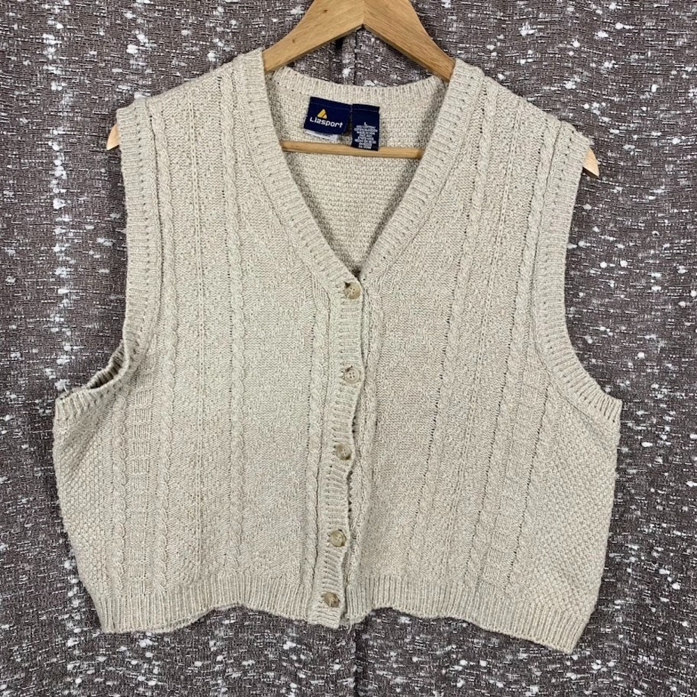 Vintage Liz Wear Womens Vest Large Beige Sweater Cable Knit Buttons Academia USA